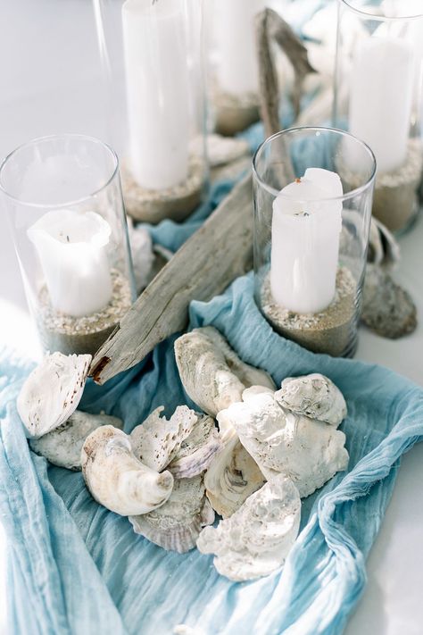 Beach Party Table Setting, Elegant Coastal Wedding Decor, Coastal Theme Party Food, Ocean Inspired Tablescape, Coastal Disco Wedding, Coastal Photo Backdrop, Oyster Centerpiece Wedding, Family Style Tablescape, Coastal Boho Wedding Decor