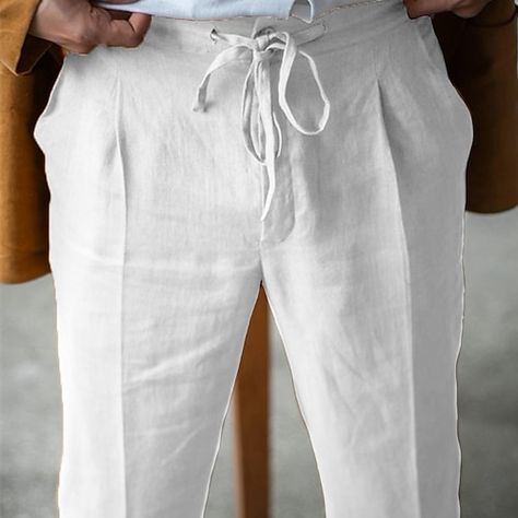 White Pants Men, Linen Beach Pants, Mens Linen Pants, Classy Outfits Men, Streetwear Mode, White Linen Pants, Leisure Suit, Cotton Linen Pants, Guys Clothing Styles