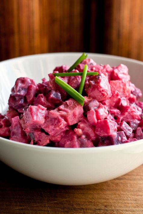 This is a better version of a ubiquitous salad found in takeout shops all over France Salade Russe, as it is called, is a mayonnaise-dressed mixture of potatoes, diced carrots, peas and other vegetables, but usually not beets Yogurt vinaigrette stands in for mayonnaise here. Potato Salad With Beets, Dominican Potato Salad, Beet And Potato Salad, Salad With Beets, Beets Recipe, Ecuadorian Food, Beet Salad Recipes, Beet Recipes, Nyt Cooking