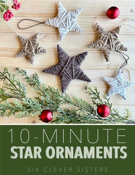 Cheap Homemade Ornaments, Paper Straw Star Ornament, Do Christmas Ornaments, Homemade Tree Decorations For Kids, Twine Wrapped Stars, Easy Cheap Christmas Ornaments, Easy Diy Farmhouse Christmas Ornaments, Yarn Stars Ornament, Ornaments To Make For Christmas