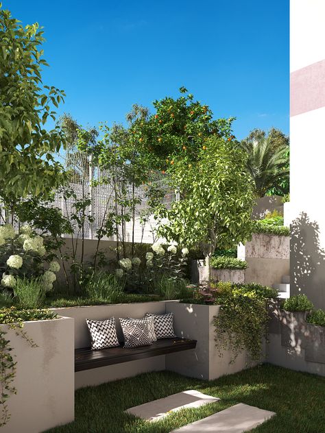 Espana Campello on Behance Small Courtyard Gardens, Terrace Garden Design, Courtyard Gardens Design, Small Patio Garden, Back Garden Design, Courtyard Design, Small Courtyards, Have Inspiration, Outdoor Gardens Design