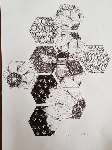 Art Flowers Drawing, Honeycombs Drawings, Feminine Shoulder Tattoos, Honeycomb Tattoo, Bee Drawing, Flowers Drawing, Sketch Tattoo Design, Bee Tattoo, Drawing Pen