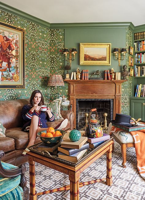 Inside an Eclectically Traditional Home All the Way Upstate - Cottages & Gardens Vintage Maximalist Decor, Traditional Eclectic, Maximalist Home, Eclectic Living Room, Maximalist Decor, Modern Fireplace, Striped Wallpaper, Wallpaper Living Room, Room Wallpaper