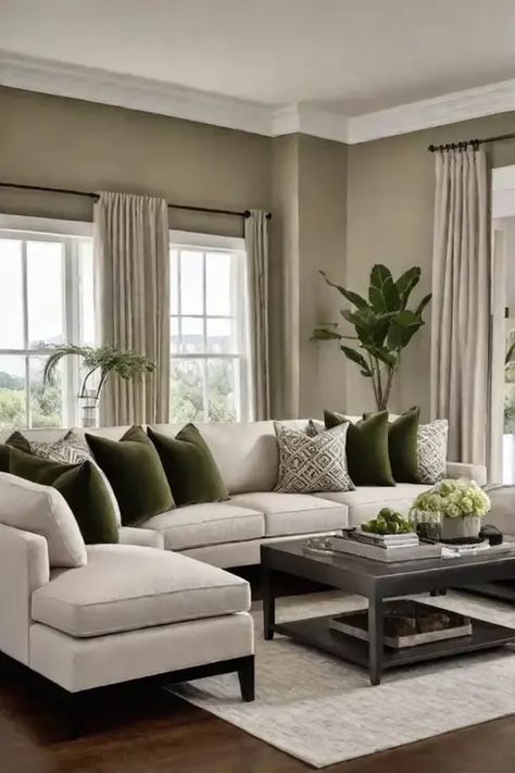 Cozy living room with green and beige Brown And Green Living Room, Green Living Room Color Scheme, Sage Green Living Room, Tan Living Room, Living Room Color Combination, Dark Green Living Room, Green Sofa Living Room, Green Living Room Decor, Room Color Combination