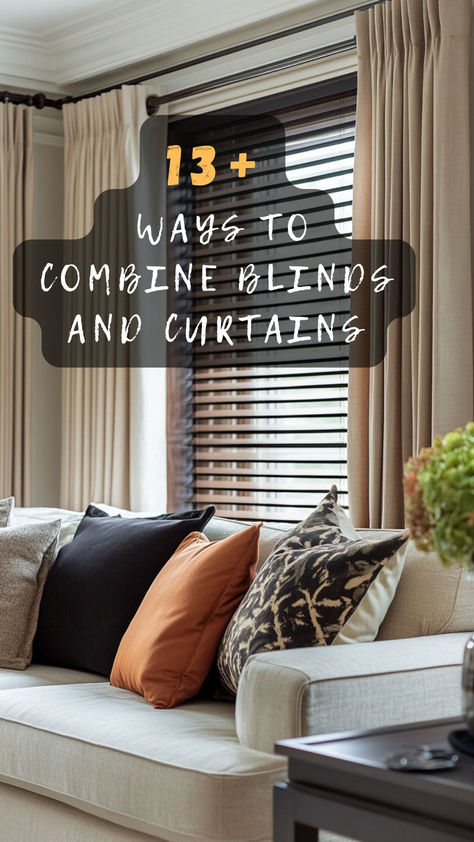 Elevate your windows with style! Click to explore 13 stunning ideas for combining blinds and curtains for a perfect look. 🏡🪟 #HomeDecor #WindowTreatments #BlindsAndCurtains #InteriorDesign #StylishHome Curtains Vs No Curtains Window, Curtains With Wooden Blinds, Curtains And Shades Living Room, Home Office Curtains Window Treatments, Drapes With Blinds For Living Room, Scandinavian Curtain Ideas, Curtain With Blinds Living Room, Roller Blind And Curtains Together, Windows Next To Fireplace Curtains