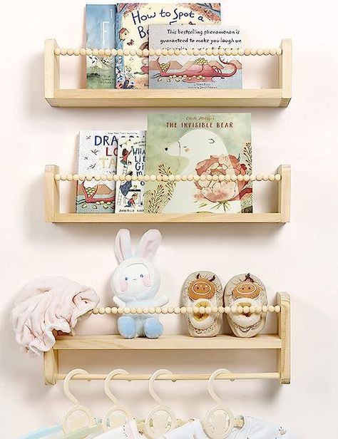 [ Floating Nursery Bookshelf ] Floating shelf designed specifically for baby rooms, a 3-piece design with a large overall capacity and space-saving, capable of storing various items: picture books, comics, dolls, trinkets, small shoes, clothes, etc [ Natural solid wood material ] Floating bookshelf is made of 100% high quality pine wood without any paint, safe and healthy, green and pollution-free. Natural wood will add a rustic atmosphere to your bedroom, bathroom, living room, office or more Nursery Bookshelf Ideas, Nursery Floating Shelves, Nursery Wall Shelves, Wall Bookshelves Kids, Nursery Bookshelves, Kids Room Bookshelves, Hanging Bookshelves, Floating Books, Nursery Book