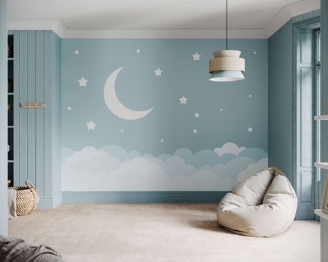 Bedroom Wall Designs Paint Ideas Simple, Kid Bedroom Paint Ideas, Nursery Mural Ideas Painted, Kids Bedroom Paint Ideas, Celestial Nursery Theme, Children Room Wallpaper, Children Bedroom Design, Space Mural, Nursery Murals