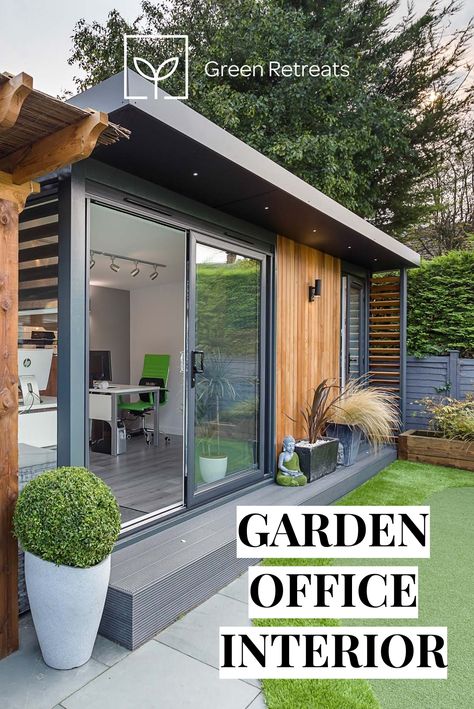 Garden Office Ideas Workspaces, Garden Design Office, Outside Room Ideas Backyards, Modern Garden Buildings, Garden Home Office Interiors, Outside Studio Ideas, Garden Office And Shed, Garden Office With Pergola, Summer House Office Ideas