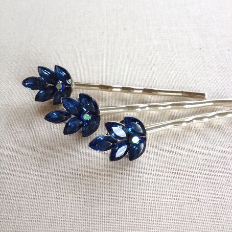 Sweet little navy blue rhinestone hair pins. . . Sapphire Hair, Blue Hair Pins, Long Bridal Earrings, Bridal Earrings Chandelier, Hair Scarf Styles, Swarovski Crystal Hearts, Rhinestone Hair Pin, Something Blue Wedding, Special Occasion Jewelry