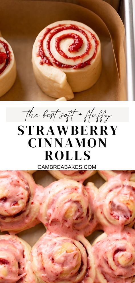 Strawberry Cream Cheese Icing, Gooey Cinnamon Rolls, Strawberry Cinnamon Rolls, Sweet Roll Recipe, Puff Pastries, Strawberry Dessert Recipes, Classic Breakfast, Breakfast Pastries, Strawberry Cream Cheese