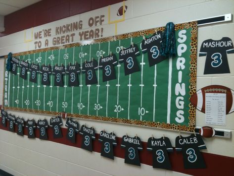 Board I made for my friend who's a 3rd grade teacher- she requested a football theme. Go Jags! Cheer Bulletin Board Ideas, Football Classroom Door, Tailgating Decorations, Team Bulletin Board, Football Bulletin Boards, Sports Bulletin Boards, School Sports Theme, Classroom Door Decorations, School Scores