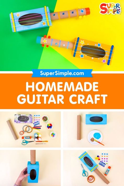 Kids Guitar Craft, Guitar Craft, Homemade Guitar, Kids Instruments, Instrument Craft, Guitar Crafts, Homemade Musical Instruments, Making Musical Instruments, Homemade Instruments