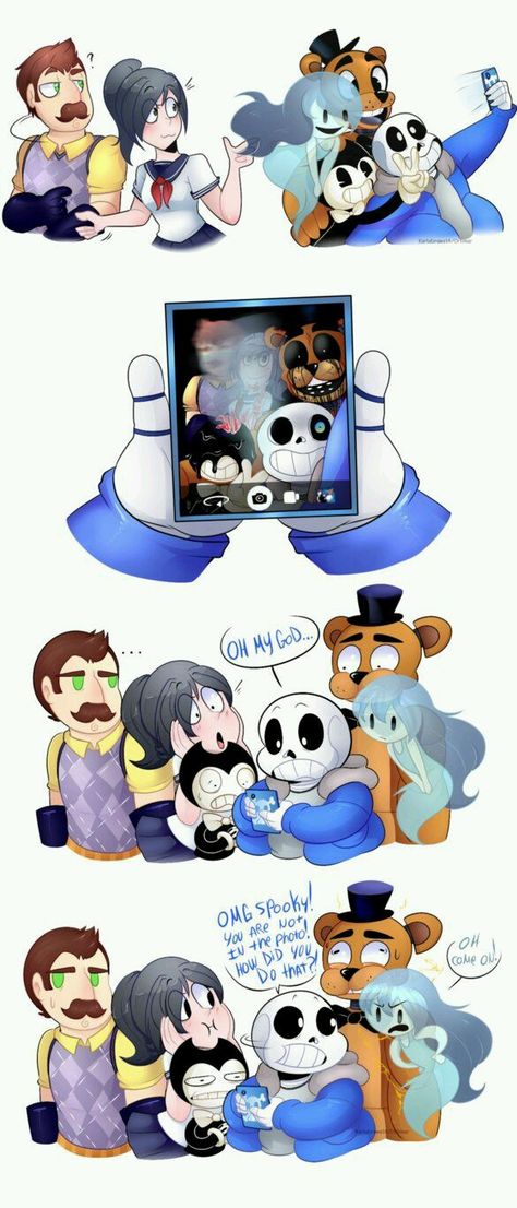 Hello Neighbor, Yandere Simulator, Spooky's House of Jumpscares, Bendy and the Ink Machine, Five Nights at Freddy's and Undertale. Undertale Characters, Group Selfie, Creepy Games, 4 Panel Life, Ayano Aishi, Yandere Characters, Hello Neighbor, Undertale Memes, Spooky House