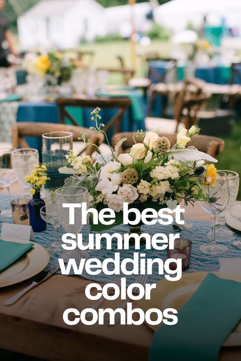 Summer wedding color palettes that are trending in 2023 Teal Summer Wedding Colors, Summer Evening Wedding Colors, Modern Summer Wedding Colors, June Beach Wedding, Wedding Themes Ideas Summer, Wedding Pallet Ideas Summer, 2024 Wedding Colors Summer, Wedding Colors 2024 Summer, June Beach Wedding Colors