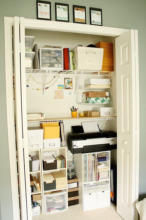 Small office/craft closet - I need to do this to our office closet. Not because it's small, but because I crave organization!! :) Office Closet Organization, Small Office Organization, Organized Home Office, Closet Office Organization, Diy Office Organization, Home Office Closet, An Organized Home, Office Closet, Closet Office