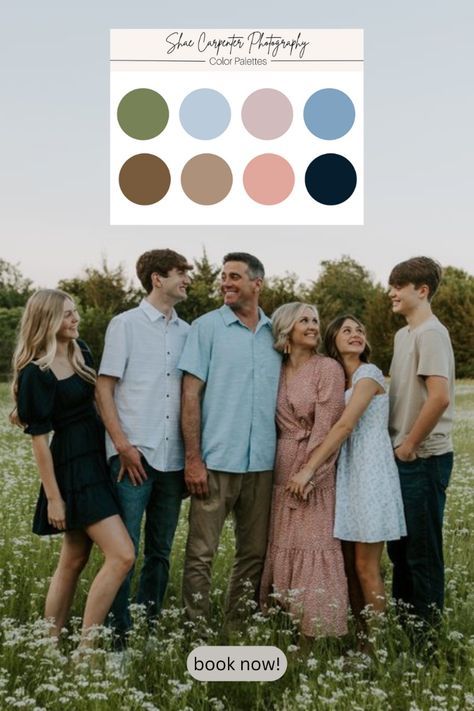 Family Fall Pictures Color Schemes, Color Pallets Family Pictures, Summer Extended Family Photo Color Scheme, Color Schemes Family Pictures, Summer Color Palette Photoshoot, Spring Photo Color Schemes, Family Photo Colour Scheme, Family Photo Color Pallet, Green And Blue Family Photo Outfits