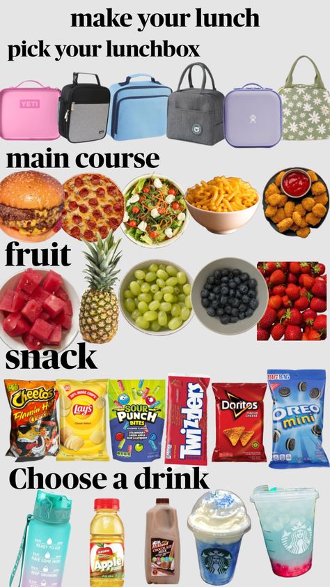 chose your school lunch Meals For School Lunchbox Ideas, Food Ideas For Lunch At School, Food To Pack For School, What To Pack For School Lunch Ideas, Kids School Lunch Ideas For Picky Eaters Healthy Food, School Lunch Salad, Choose Your Lunch, Make Your Lunch, What To Pack For School Lunch