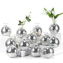 Silver Centerpiece Wedding, Simple Party Centerpieces, Disco Ball Flower Arrangements, Mamma Mia Theme Party Decorations, Floral Disco Ball, Disco Ball Vase, 21st Birthday Centerpieces, Disco Ball Wedding Decor, 70 Disco