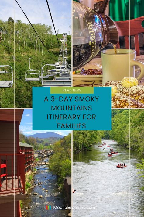 Collage of Smoky Mountains family attractions including a scenic chairlift, a cozy coffee shop, a bustling river with rafters, and a view of a stream alongside mountain lodges. Ideal for a 3-day family itinerary exploring the natural beauty and local attractions in the Smoky Mountains. Smokey Mountains Tennessee With Kids, Smokey Mountains With Kids, Smoky Mountains With Kids, Gatlinburg With Kids, Great Smoky Mountains With Kids, Gatlinburg Itinerary, Tennessee Family Vacation, Resorts For Kids, Smokey Mountains Vacation