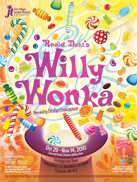 https://flic.kr/p/8GJptw | Roald Dahl's Willy Wonka poster | Poster design for San Diego Junior Theatre's 2010 production of "Roald Dahl's Willy Wonka,"  designed by Martin S. Lindsay for Thrive Mediarts, San Diego, California, 2010. Wonka Poster, Wonka Factory, Willy Wonka Factory, Chocolate Factory Party, Candy Poster, Theatre Poster, Sketches Tutorial, Factory Design, Poster Ideas