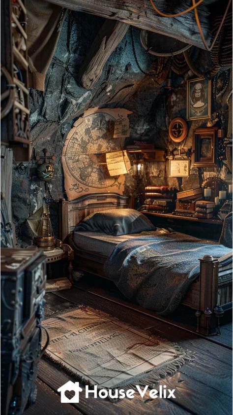 Pirate Cabin Bedroom, Pirate Captain Quarters, Shipwreck Interior, Pirate Aesthetic Bedroom, Ship Cabin Bedroom, Pirate Bedroom Aesthetic, Pirate Decor Interior Design, Pirate Themed Room, Pirate Ship House