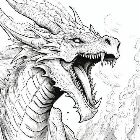 Dragon Breathing Fire Drawing Reference, Fire Breathing Dragon Art, Fantasy Dragon Sketch, Dragon Reference Head, Fafnir Tattoo, Dragon Head Drawing Reference, Dragon Drawing Head, Dragon Drawing Sketches Realistic, Black Dragon Drawing