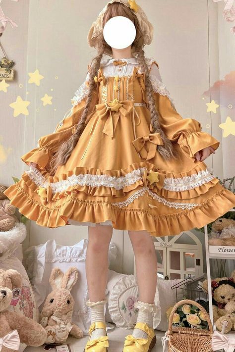 Yellow Puffy Sleeve Dress, Kawaii Dress Aesthetic, Cute Frilly Dresses, Cute Rain Coat, Flower Inspired Outfits, Cute Fantasy Outfits, Tea Party Clothes, Little Dress Outfit, Aesthetic Yellow Outfits