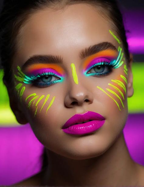 Neon Glow Makeup Ideas, Out Of The Box Makeup Looks, Glow In Dark Makeup Ideas, Simple Rave Makeup Looks, Lisa Frank Inspired Makeup, Colorful Festival Makeup, Glow Party Makeup Ideas, Reggae Makeup, Rainbow Halloween Makeup