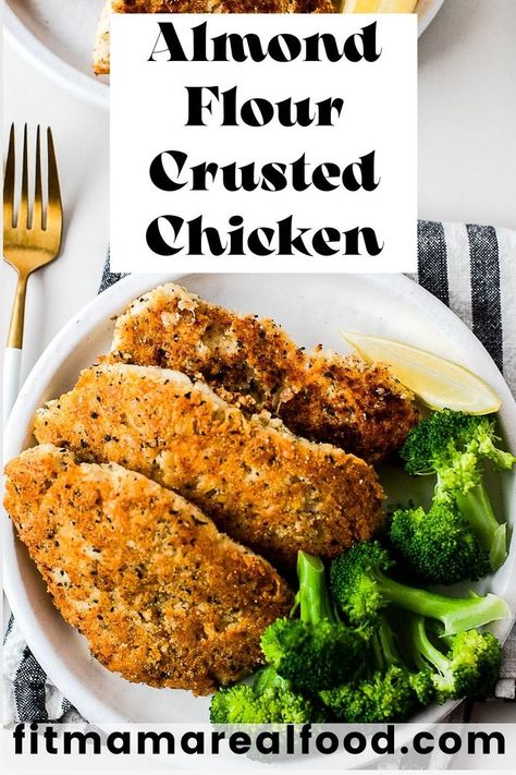 Almond flour breaded chicken is such a flavorful recipe! It is a completely gluten-free chicken recipe, and get’s crispy and delicious, thanks to the combination of almond flour and parmesan cheese for the crust. This dinner is a whole family favorite, and very kid-approved. Make a big batch, because leftovers work super well on salads, or as an easy protein addition to any meal! Flour Breaded Chicken, Breaded Chicken Recipes, Gluten Free Chicken Recipes, Almond Flour Bread, Easy Protein, Almond Flour Recipes, Fit Mama, Crusted Chicken, Flour Recipes