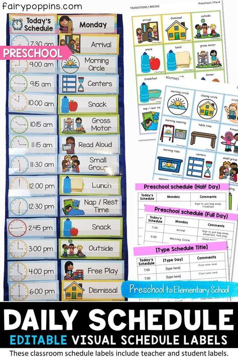 These classroom visual schedule printables help students know what is happening next and when. They include teacher labels, student labels, homeschool labels and schedule planners. Suitable for Preschool, Pre-K, Kindergarten, First Grade, Second Grade and Special Education. #dailyschedule #visualschedule #classroomschedule #visualsupport #specialeducation #learningschedule #prek #kindergarten #firstgrade #secondgrade #homeschool #specialneeds Toddler Visual Schedule, Teacher Labels, Fairy Poppins, Classroom Daily Schedule, Classroom Schedule, Preschool Schedule, Teaching Organization, School Timetable, Early Childhood Teacher