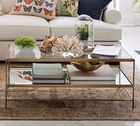 Modern and stylish coffee table, Leona Coffee Table, glass and iron and brass, coffee table style, light and bright living room #afflinksponsored Glass Coffee Table Decor, Rectangular Glass Coffee Table, Coffee Table Pottery Barn, Cube Table, Table Decor Living Room, Coffee Table Styling, Glass Top Coffee Table, Table Cafe, Diy Coffee Table