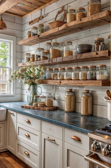 Open Shelf Farmhouse Kitchen, Country Boho Kitchen Ideas, Open Shelving Pantry Kitchen Ideas, Farmhouse Kitchen Shelves Wood, Upper Open Shelves In Kitchen, Farmhouse Kitchen With Shelves, Open Shelving For Kitchen, Open Spice Shelf, Countryside Kitchen Ideas