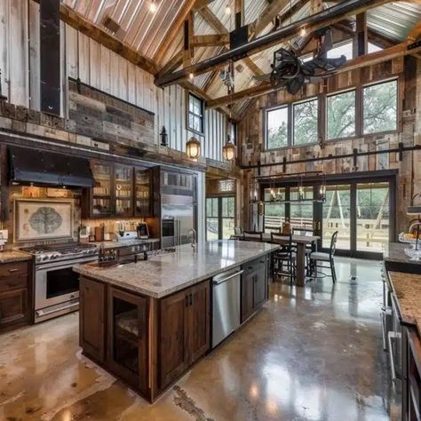 Barndominium Kitchen Ideas Medium Sized Barndominium, Big Western Kitchen, Western House Kitchen, Bardominum Kitchen, Barndominium Indoor Ideas, Barndominium Kitchen Ideas Layout, Barndominium Interior Decor, Barndominium House Interior, Rustic Barndominium Ideas Exterior