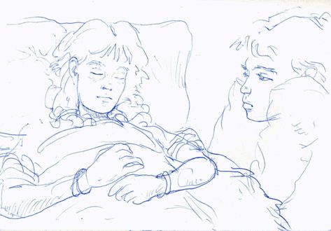 Drawing of a memory sitting with someone sick in bed. Sick Poses Drawing, Hospital Bed Pose Reference, Sitting On Bed Drawing Reference, Sleeping In Bed Drawing Reference, Sitting In Box Reference, Person In Bed Drawing Reference, In Bed Drawing Reference, Two People Laying In Bed Drawing Reference, Two People In Bed Drawing