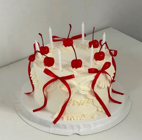 Cherry Birthday Cake Ideas, Cake Cherry Decoration, Ribbon Cake Decorating, 22nd Birthday Ideas Red, Cherry Bday Cake, Cherry On Top Party Theme, Cherry Party Aesthetic, Cherry Birthday Party Theme Adult, Birthday Cake Ribbon