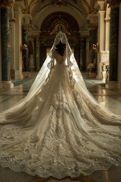 Mermaid Wedding Dress With Flowy Sleeves, Wedding Dresses Royalcore, Big Long Wedding Dresses, Megara Wedding Dress, Modest Wedding Dresses Aesthetic, Wedding Dress Castle, Wedding Dress With Mantilla Veil, Backless Ball Gown Wedding Dress, Royal Weddings Aesthetic