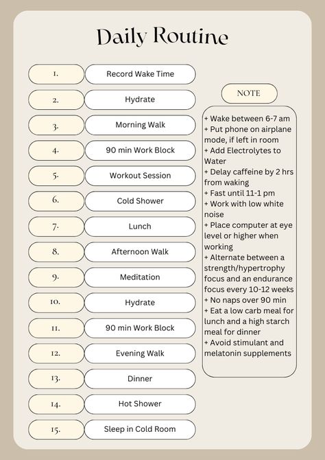 This daily routine is based off of an episode on optimizing productivity and health by Andrew Huberman. Creating A Schedule Daily Routines, Organize Life Daily Routines, Andrew Huberman Routine, Huberman Routine, Huberman Morning Routine, Andrew Huberman Morning Routine, Men Daily Routine, Organization Drawing, Good Notes Daily Planner