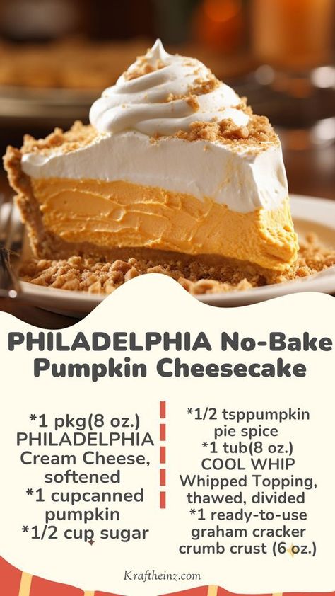 Delight in the creamy goodness of PHILADELPHIA No-Bake Pumpkin Cheesecake, a hassle-free dessert that captures the essence of autumn. This recipe combines smooth PHILADELPHIA Cream Cheese with canned pumpkin, sugar, and pumpkin pie spice, blended until velvety. Gently folded with COOL WHIP Whipped Topping and set in a graham cracker crumb crust, it’s chilled to perfection and served topped with more COOL WHIP for a deliciously light and satisfying treat. Graham Cracker Crust Dessert Easy, Best Pumpkin Pie Recipe With Cream Cheese, Pumpkin Pie Recipe Cream Cheese, Pumpkin Pie Made With Cream Cheese, No Bake Philadelphia Cheesecake Recipe, Pumpkin Cheesecake Graham Cracker Crust, Pumpkin Pie Graham Cracker Crust Cheesecake Recipes, Graham Cracker Crust Pumpkin Pie Recipe, No Bake Cream Cheese Pumpkin Pie Recipe