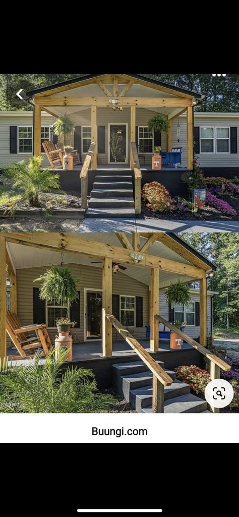 Modular Home Before And After, Add On Front Porch Before And After, Big Mobile Homes, Front Porch On Double Wide, Cute Mobile Home Exterior, Back Porch Add On, Mobile Home Front Deck, Eifs Exterior Home, Rv Decks Porches