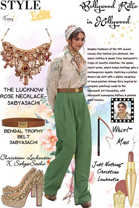 Deepika Padukone Retro Look, Sabyasachi Casual Wear, Deepika Padukone Cannes 2022, Western Outfit With Indian Jewellery, Celebrity Inspired Outfits Bollywood, Vintage Indian Outfits, Western Dress With Indian Jewellery, Indian Jewellery With Western Outfits, Indowestern Outfits Bollywood Fashion