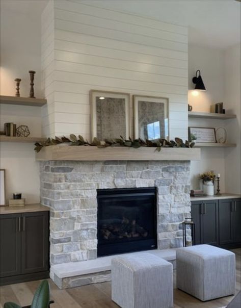 Floating Shelves By Fireplace, Built Ins Fireplace, Shelves Around Fireplace, Floating Shelves Living Room, Built In Shelves Living Room, Living Room Built Ins, Fireplace Shelves, Living Tv, Basement Living Rooms