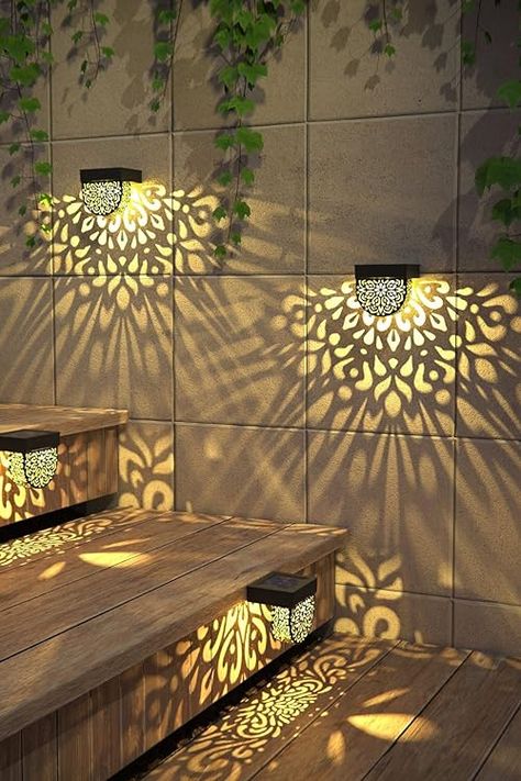 Check out this photo from cami wallace Lights For Pergola, Outdoor Lanterns Patio, Backyard Pathway, Courtyard Terrace, Solar Garden Decor, Solar Lantern Lights, Solar Fence Lights, Solar Garden Lights, Solar Deck Lights