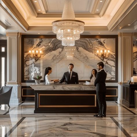 Elegant Hotel Lobby: Guests being greeted by a receptionist at a luxurious hotel lobby with an opulent chandelier. #hotel #lobby #reception #chandelier #marble #aiart #aiphoto #stockcake ⬇️ Download and 📝 Prompt 👉 https://stockcake.com/i/elegant-hotel-lobby_433215_211382 Lobby Reception Design Entrance, Modern Art Deco Hotel Lobby, Marble Lobby Design, Hotel Reception Ceiling Design, Modern Luxury Hotel Lobby, Beautiful Hotel Lobby, Luxury Hotel Decor, Hotel Reception Design Luxury, Five Star Hotel Lobby