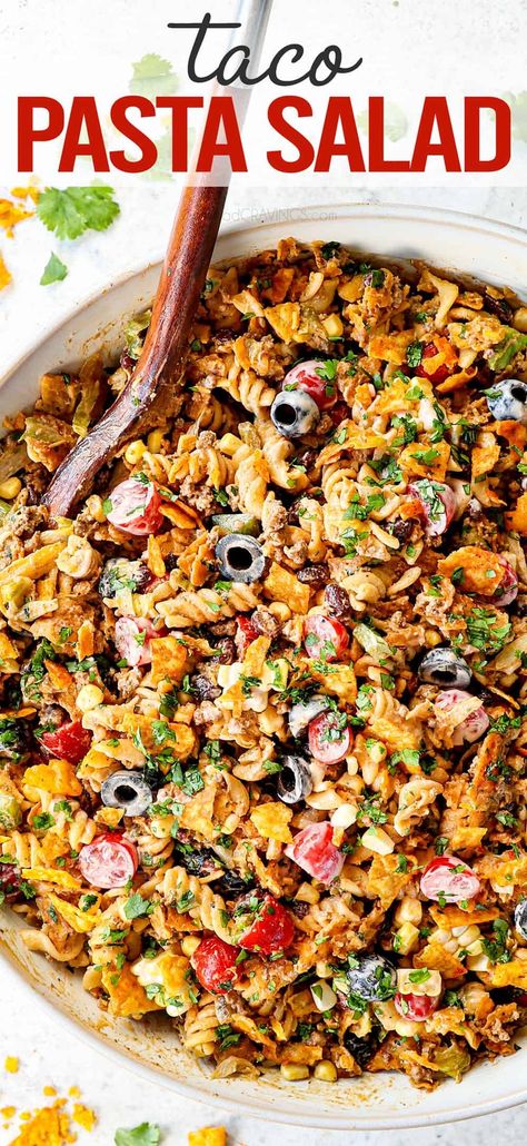 Taco Pasta Salad - Carlsbad Cravings Salads For Picnics, Entree Salads, Catalina Dressing, Leftover Taco Meat, Taco Pasta Salad, Pasta Salad Ingredients, Pasta Salad Dressing, Carlsbad Cravings, Taco Pasta