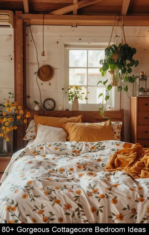 These cottagecore bedroom ideas encompass a cozy and rustic aesthetic, featuring floral patterns, vintage decor, and natural elements. Aesthetic Room Ideas Cottagecore, Simple Guest Room Ideas Cozy, Cottagecore Farmhouse Bedroom, How To Make A Room Cozy, Cottage Room Aesthetic, Bedroom Ideas Floral, Green Cottagecore Aesthetic, Sunny Decor, Vintage Boho Room