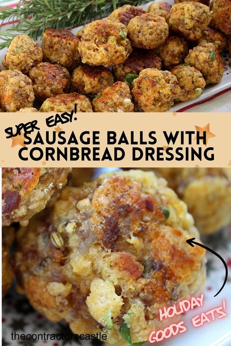 easy sausage balls with cornbread stuffing on a holiday plate Sausage Balls Recipe Bisquick, Cornbread Sausage Balls, Cornbread Stuffing Sausage Balls, Sausage Balls Stuffing, Cornbread Stuffing Balls, Cornbread Dressing Balls, Stuffing Sausage Balls Recipe, Cornbread Stuffing Muffins, Best Sausage Balls Ever