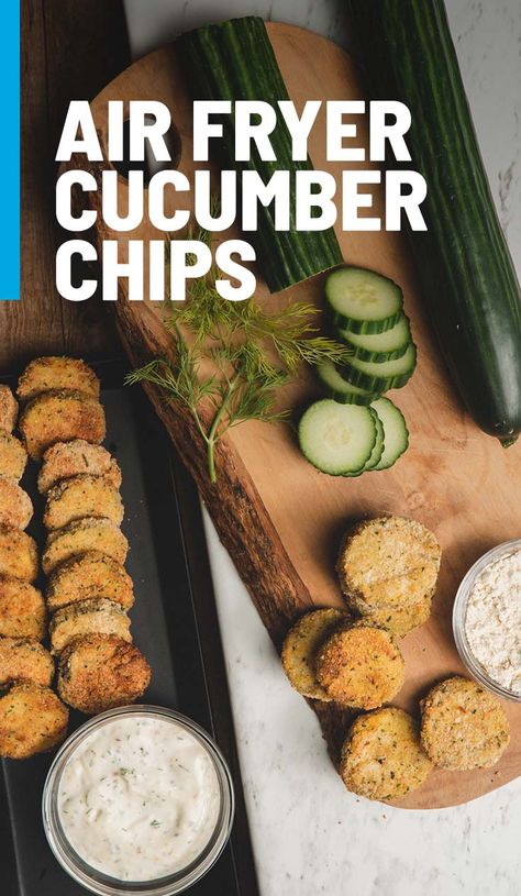 Cucumber Ranch Chips, Air Fried Cucumber Chips, Savory Cucumber Recipes, Air Fryer Cucumber Recipes, Fried Cucumbers Air Fryer, Fried Cucumbers Easy, Air Fried Cucumbers, Cucumber Air Fryer, Air Fryer Cucumber Chips