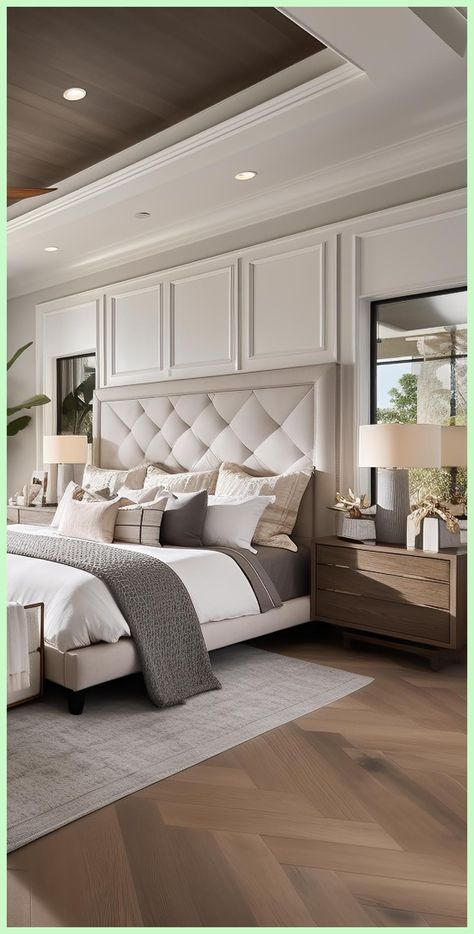 Master King Bedroom Ideas, Contemporary Transitional Bedroom, Classic Master Room Design, Contemporary Master Room, Big Bedroom Luxury Master Suite, Colonial Bedroom Design, Modern Contemporary Bedroom Luxury, Dream Bedroom Master Romantic, Modern Colonial Bedroom