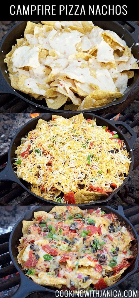 Camping Food Easy, Pizza Nachos Recipe, Campfire Pizza, Pizza Nachos, Dutch Oven Camping Recipes, Dutch Oven Camping, Garlic Cream Sauce, Easy Camping Meals, Campfire Food