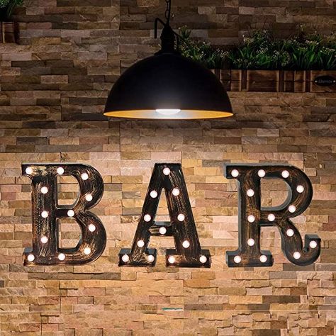 Light Up Bar Sign, Retro Bar Cart, Letter Lights, Lighted Marquee Letters, Bar Cart Accessories, Fancy Decor, Home Pub, Light Up Letters, Marquee Lights